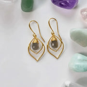 Gold plated labradorite teardrop drop earrings with flashing blue-grey stones