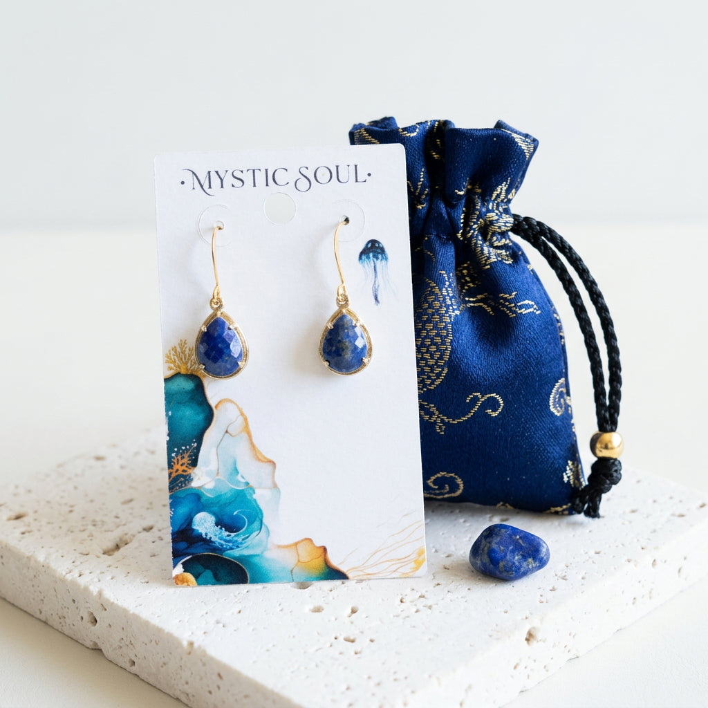 Faux lapis Exquisite teardrop earrings in gold with gift tag and satin pouch