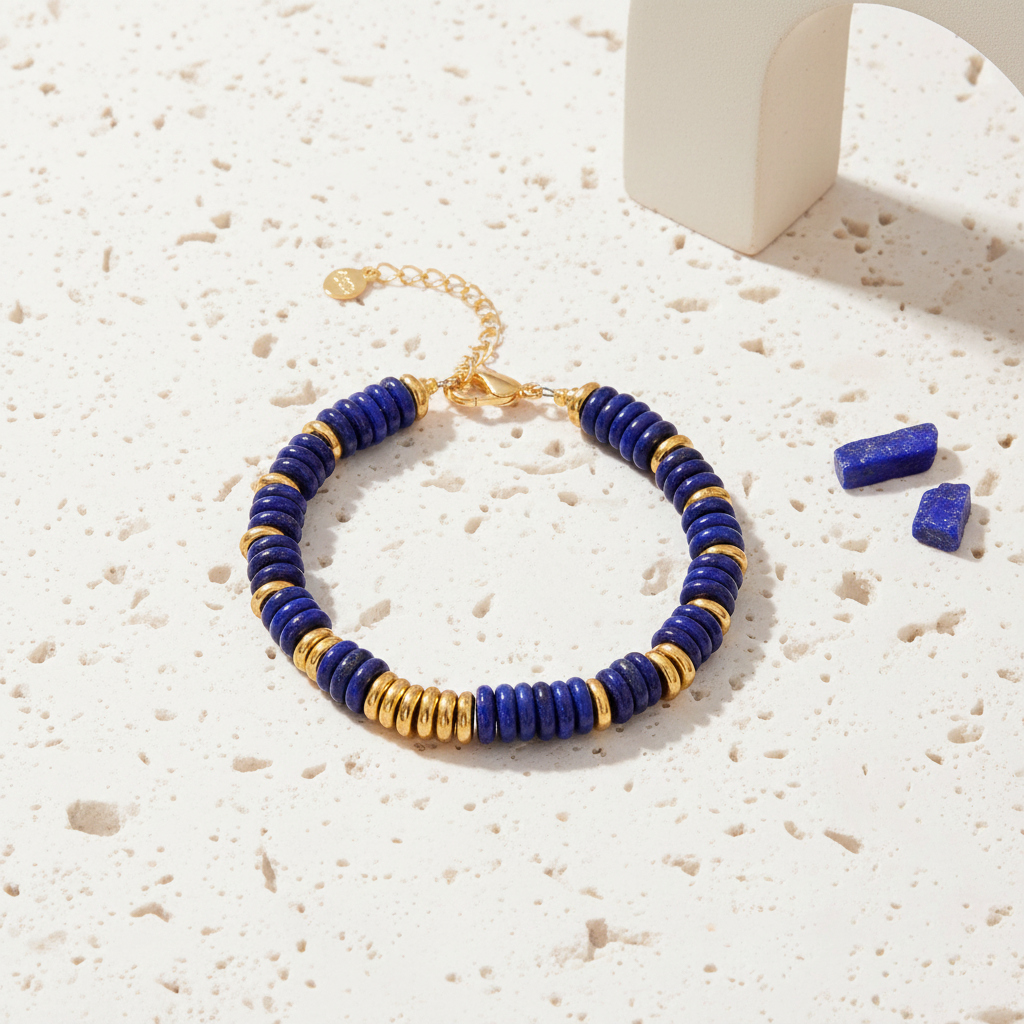 Lapis lazuli heishi disc bead stretch bracelet in deep blue