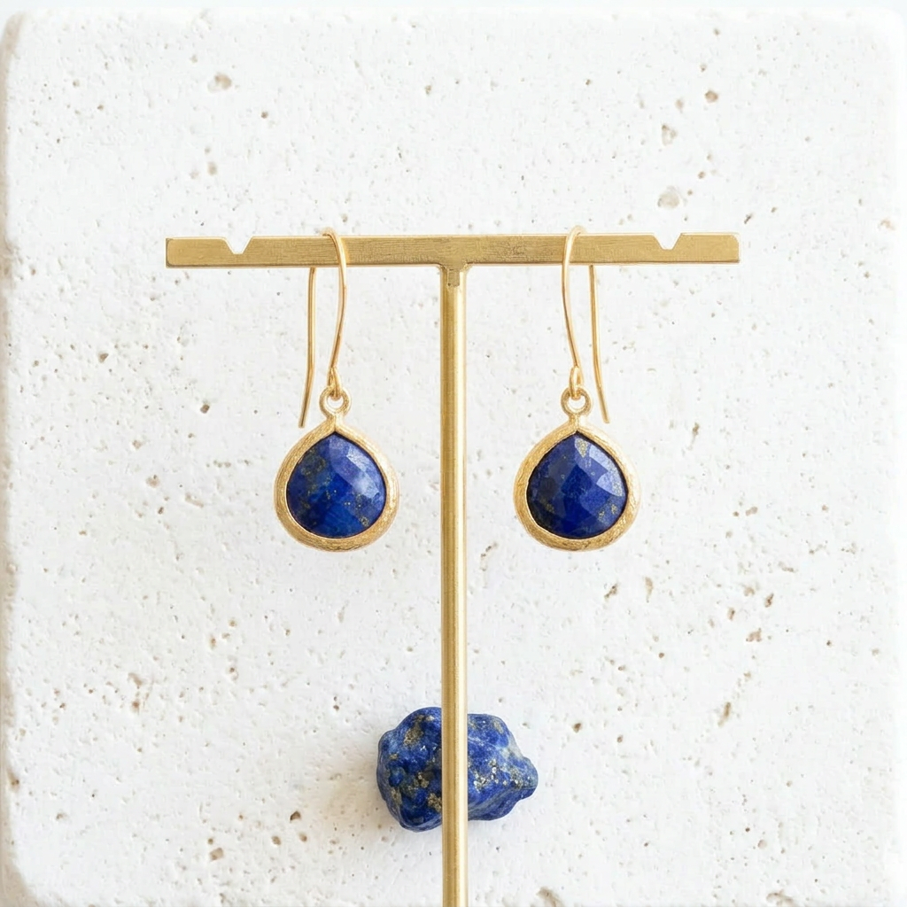Gold Mini Pebble drop earrings in faux lapis blue glass