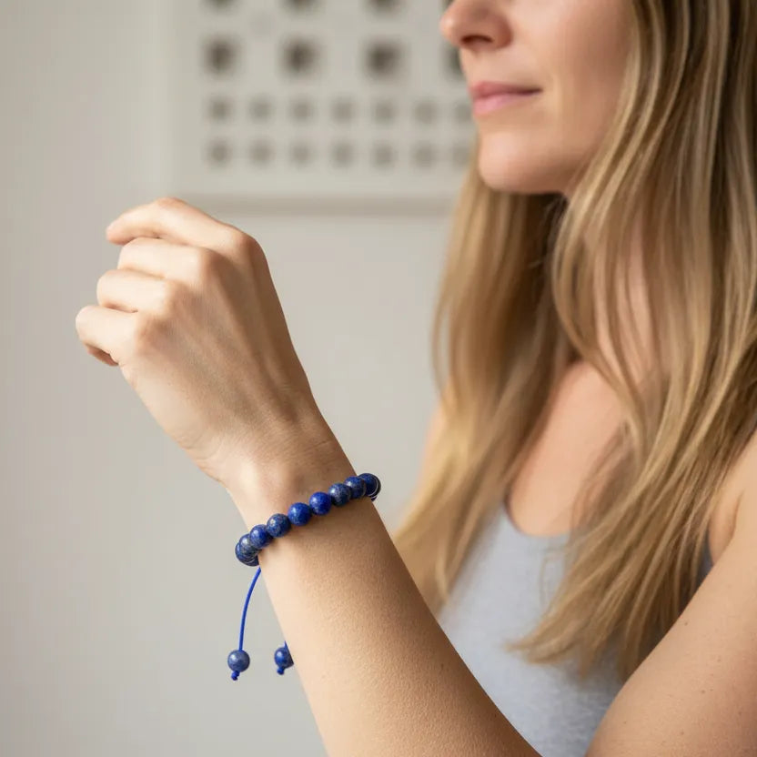 Woman wearing a blue beaded bracelet on a neutral background