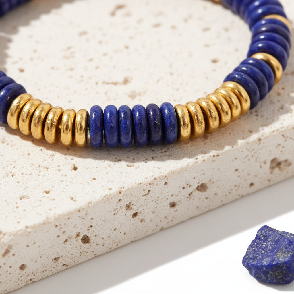 Close-up of flat lapis lazuli disc beads on a stretch cord