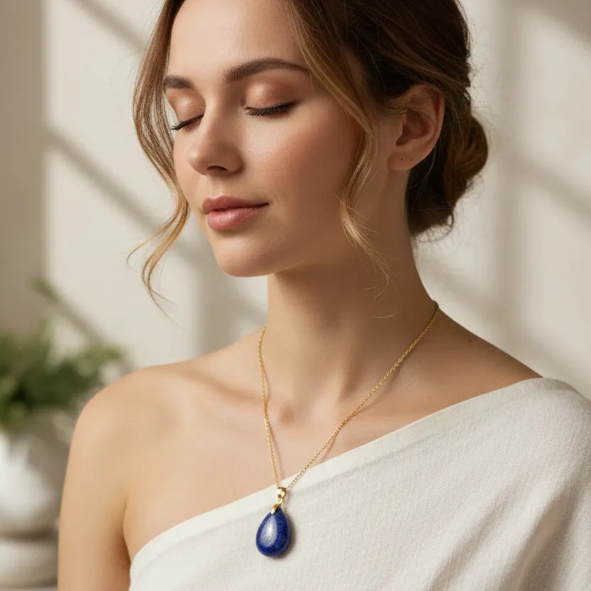 Gold necklace with a blue teardrop pendant on a white background