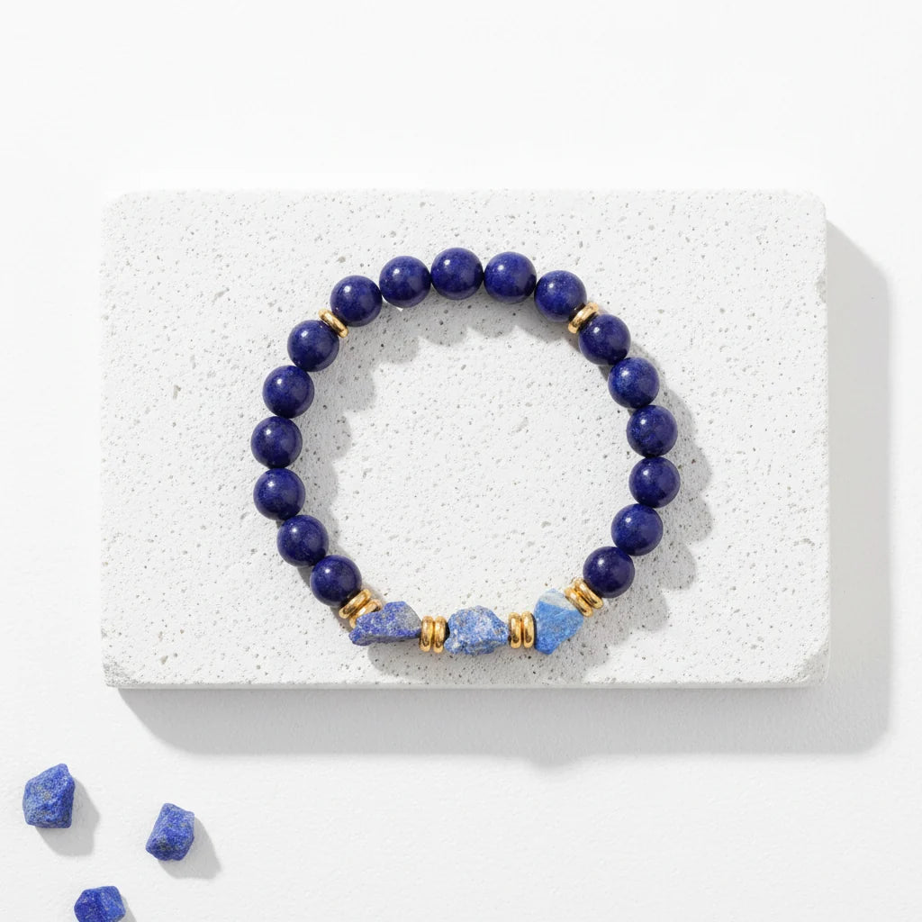 Lapis lazuli raw nugget stretch bracelet with 8 mm rough midnight blue stone beads and gold pyrite flecks