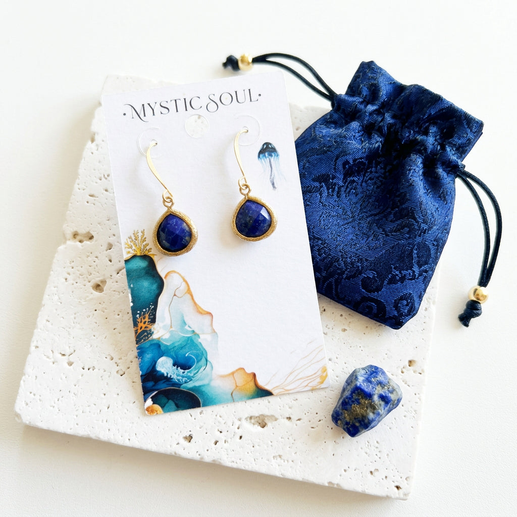 Faux lapis Mini Pebble earrings in gold with gift tag and satin pouch