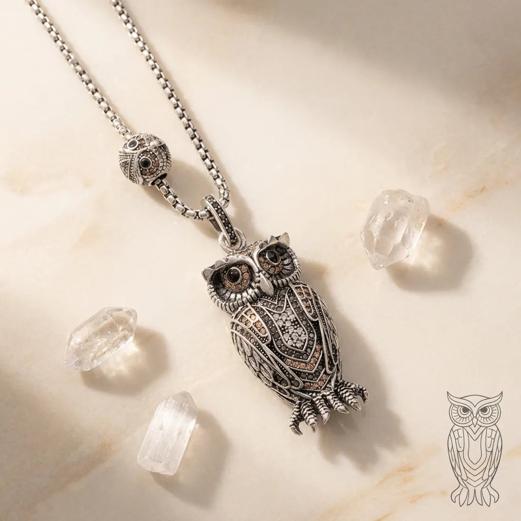 Silver owl pendant necklace on a light background