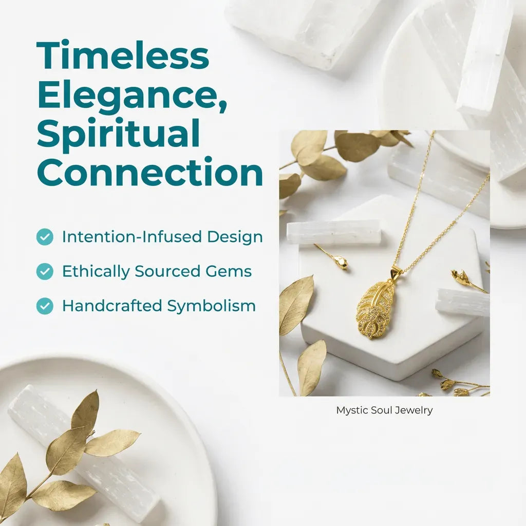 Jewelry display with gold necklaces on a white surface, featuring text about intention-infused design and ethical sourcing.