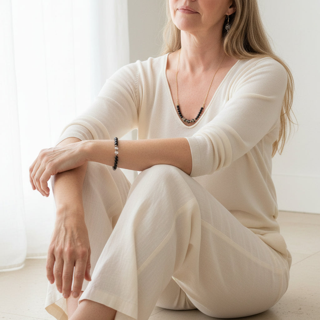 Woman wearing dzi bead necklace, agate bracelet and dzi earrings — one-of-a-kind jewelry for grounding