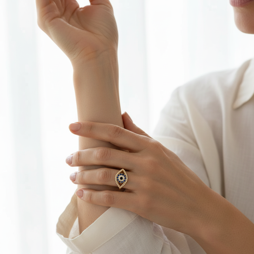 Woman wearing a gold evil eye ring with blue cubic zirconia centre
