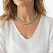 Woman wearing an amazonite beaded necklace, waterproof throat chakra jewelry