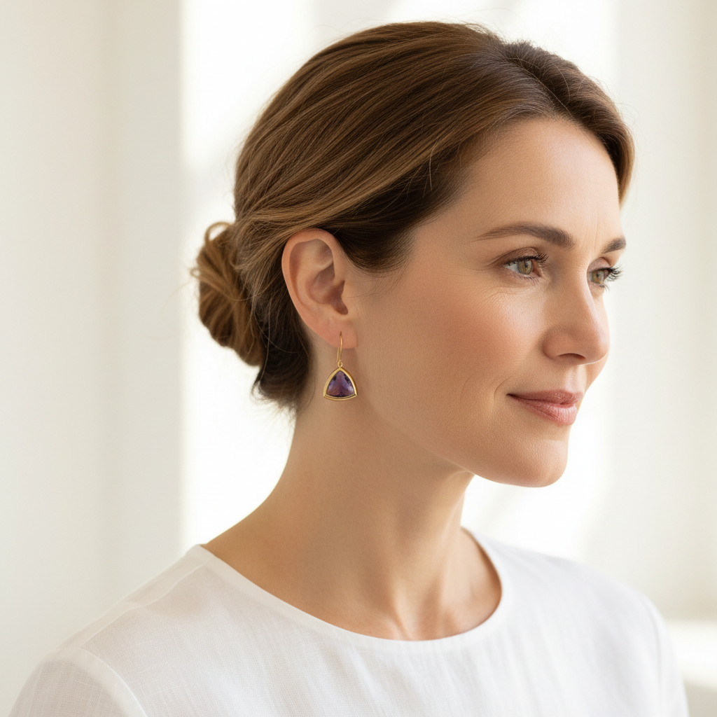 Woman wearing gold Aria earrings with amethyst purple glass triangle drops, featured in Celebrity Page