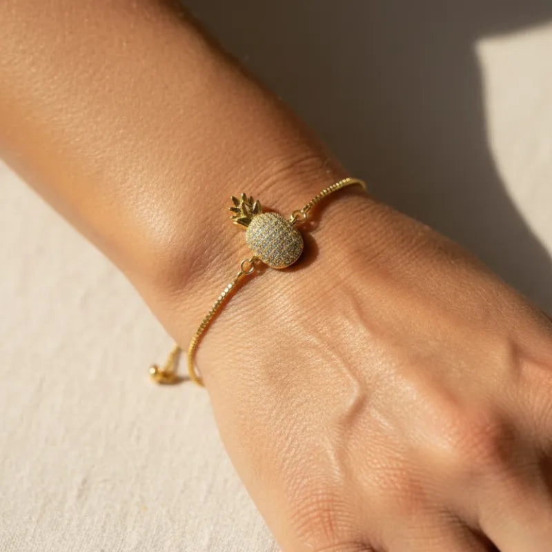 Pineapple Crystal Adjustable Bracelet | Gold or Silver Plated | Tropical Charm