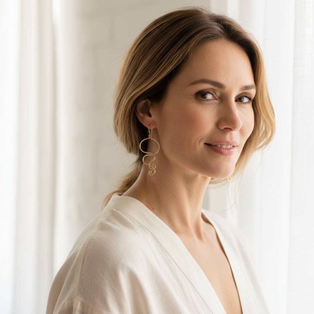 Woman wearing gold plated jellyfish swirl drop earrings