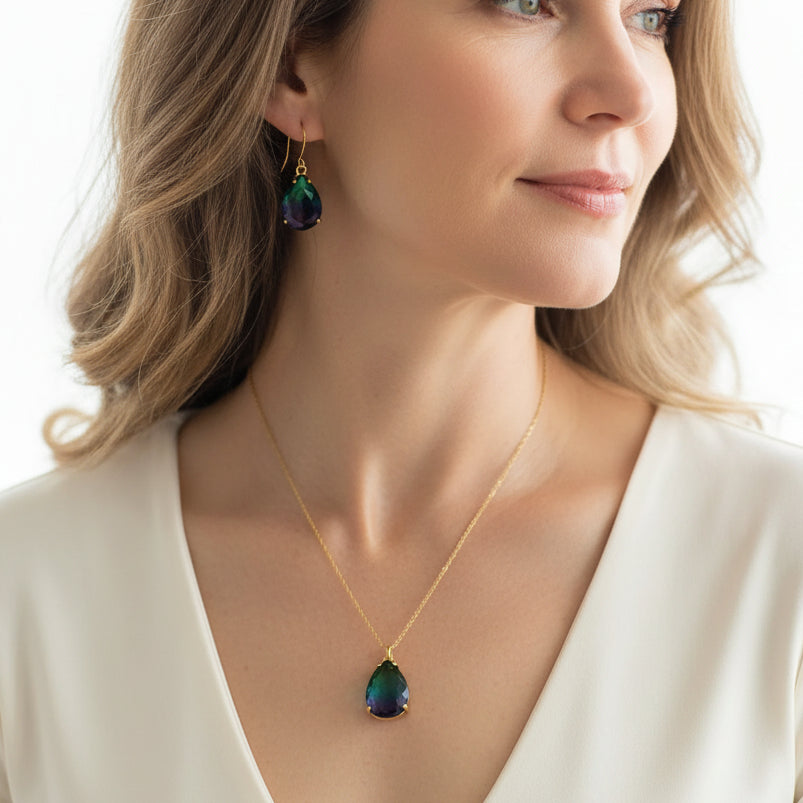 purple and green ombre drop jewelry set — gradient teardrop necklace and earrings