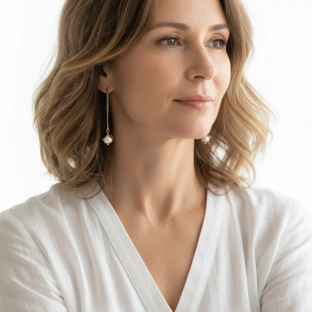 Woman wearing gold pearl flower drop earrings, June birthstone jewelry