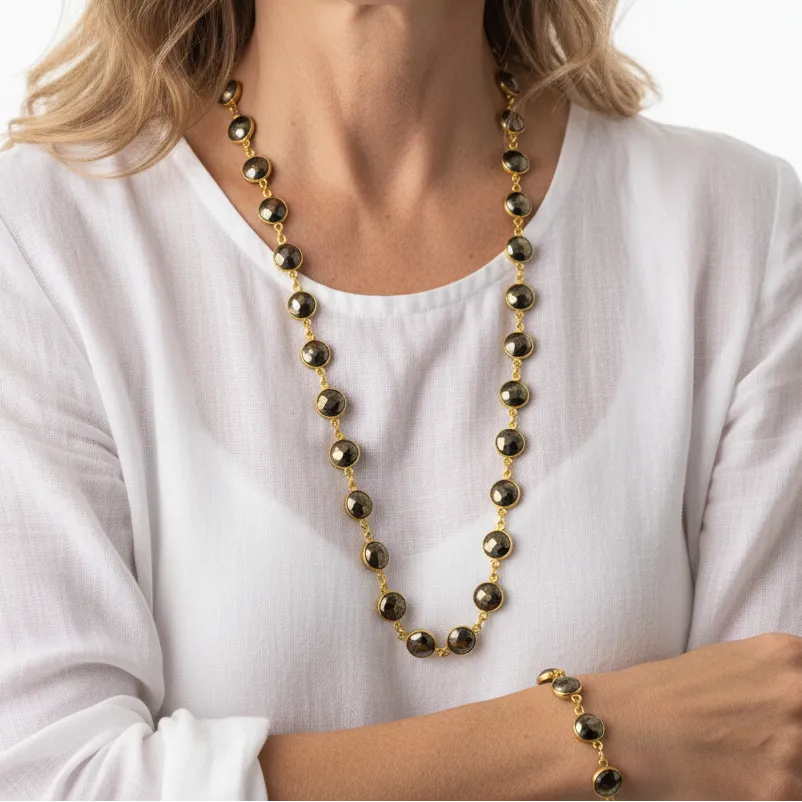 Pyrite Gemstone Necklace & Bracelet Set | Gold Plated