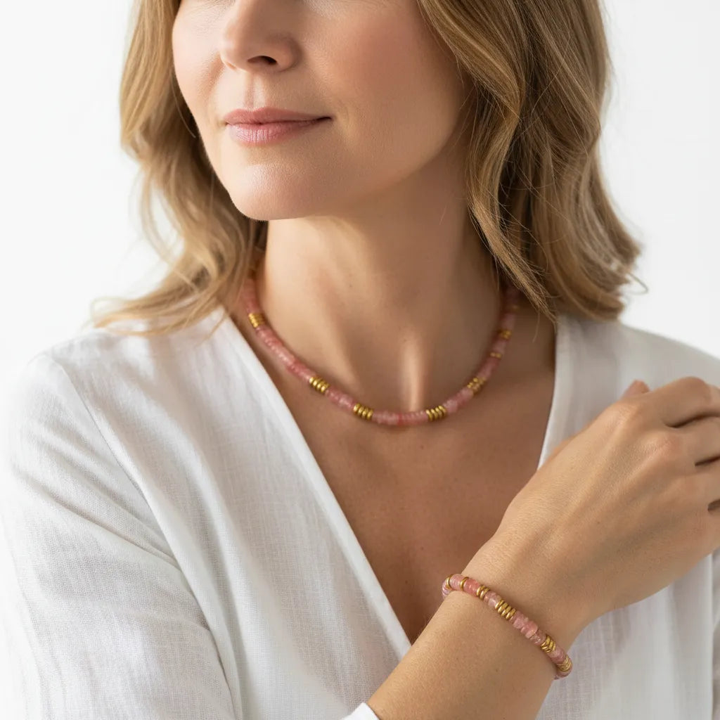 Woman wearing a rose quartz beaded necklace and matching bracelet