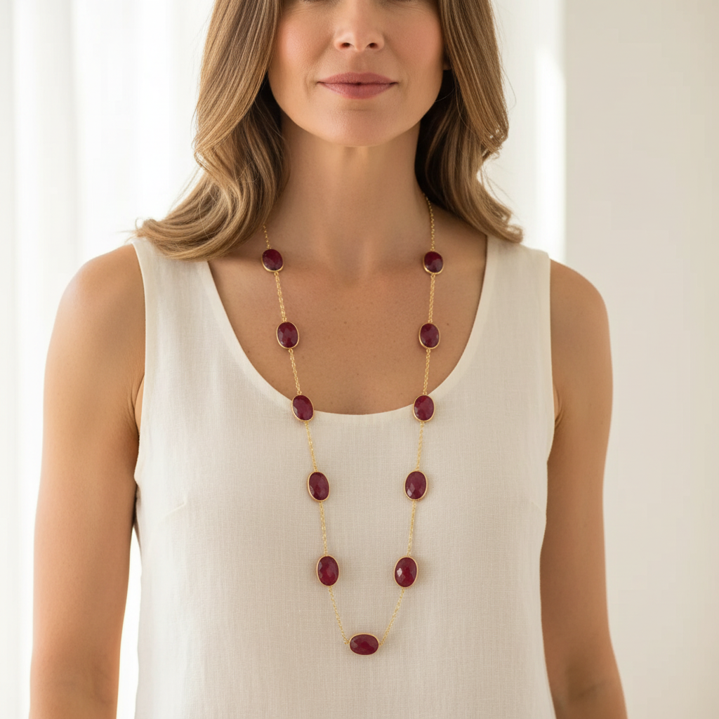 Ruby & Gold Chain Necklace | Spaced Faceted Ovals | July Birthstone