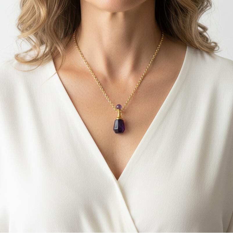 Woman wearing amethyst crystal vial keepsake necklace on gold plated chain, February birthstone