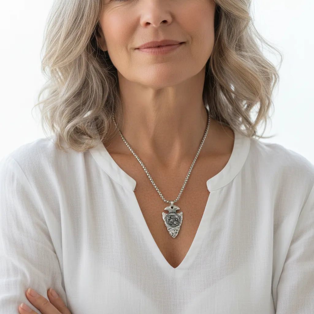 Silver owl pendant necklace with arrowhead detail, spirit animal jewelry
