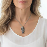 Sterling silver owl pendant necklace with black eye detail, spirit animal jewelry