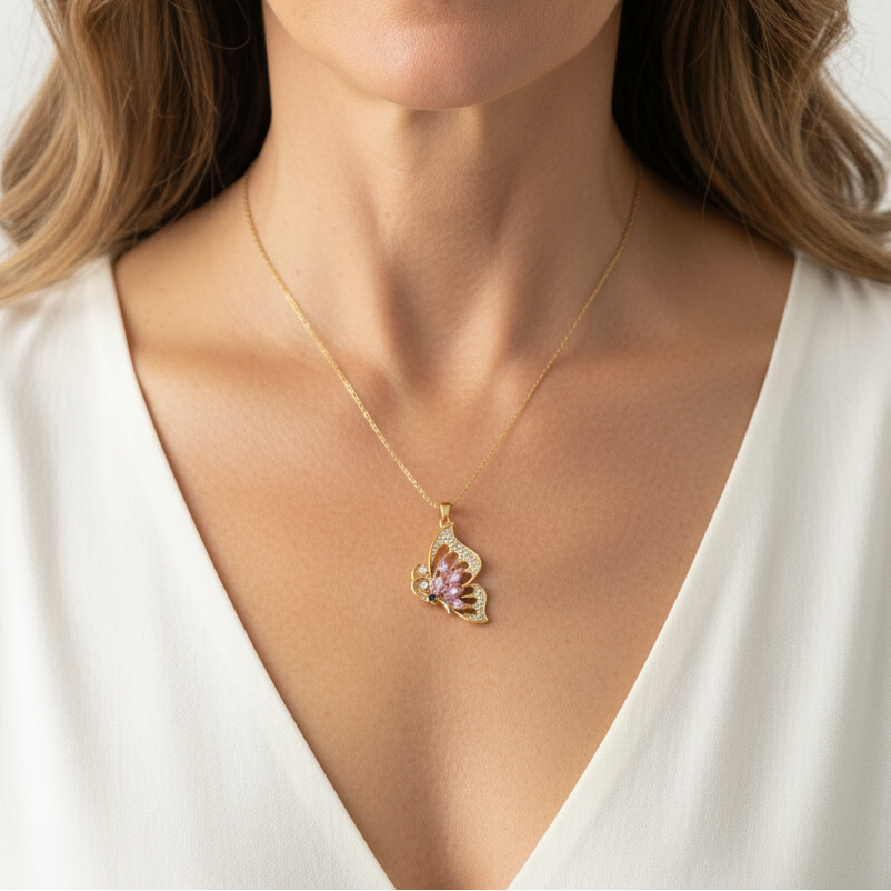 Woman wearing the pink glass butterfly in flight necklace — statement spirit animal jewelry