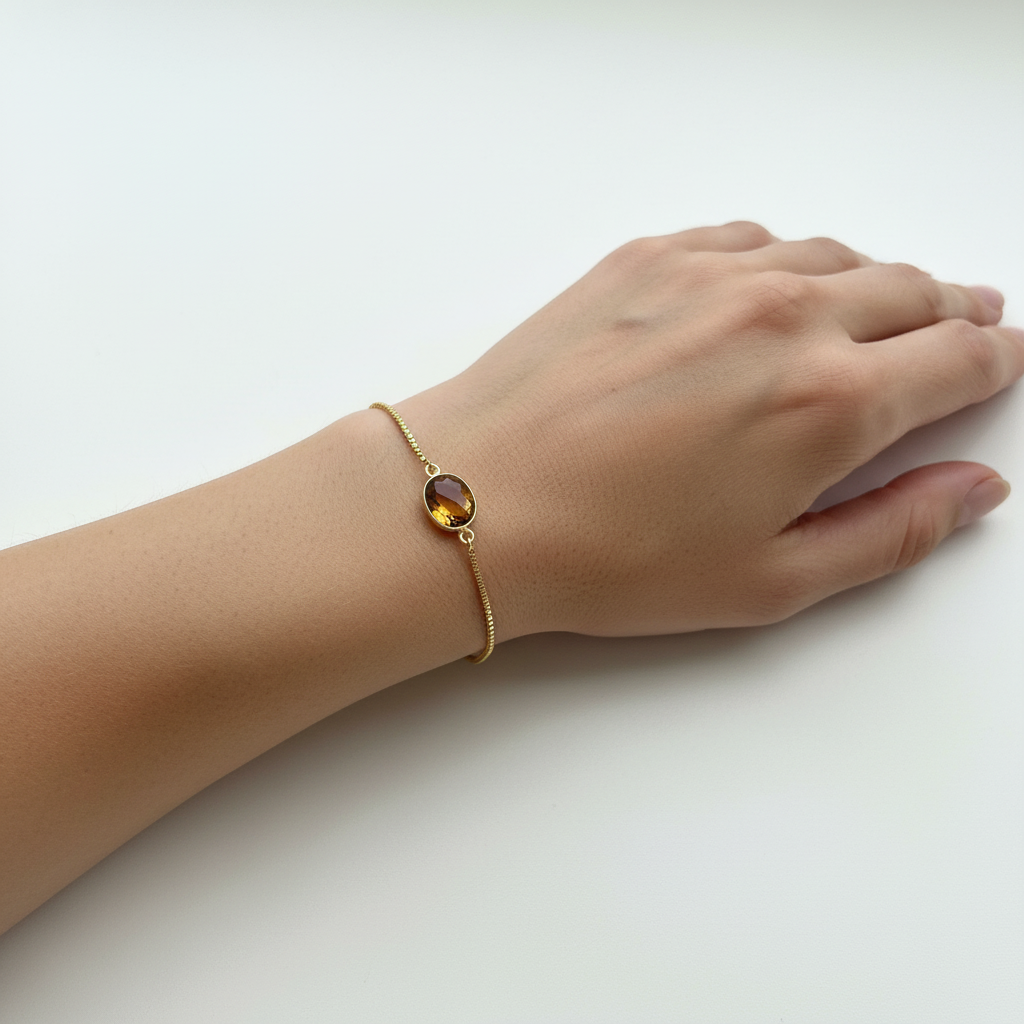 Natural citrine bezel bracelet on an adjustable gold box chain — solar plexus chakra jewelry