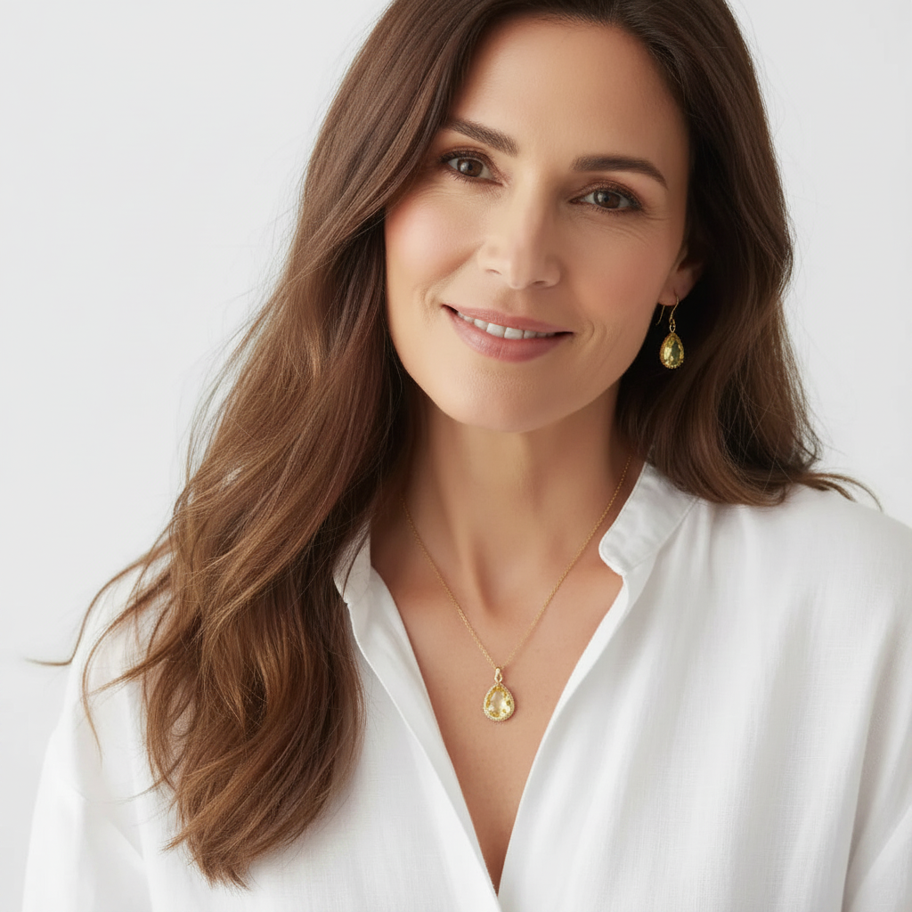 Woman wearing citrine yellow exquisite necklace and earrings in gold, November birthstone jewelry