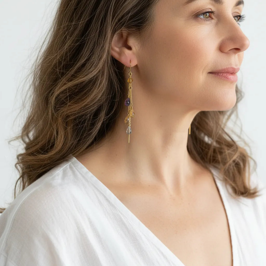 Citrine, amethyst and quartz threader drop earrings, November birthstone jewelry