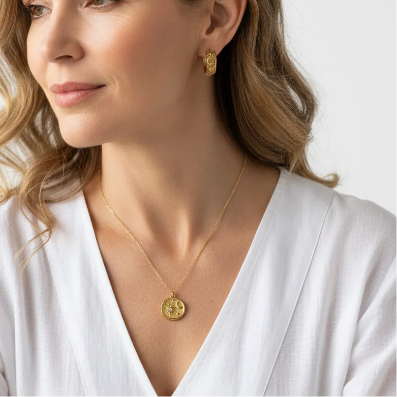 Woman wearing crescent moon hoop earrings with a matching moon necklace, celestial jewelry