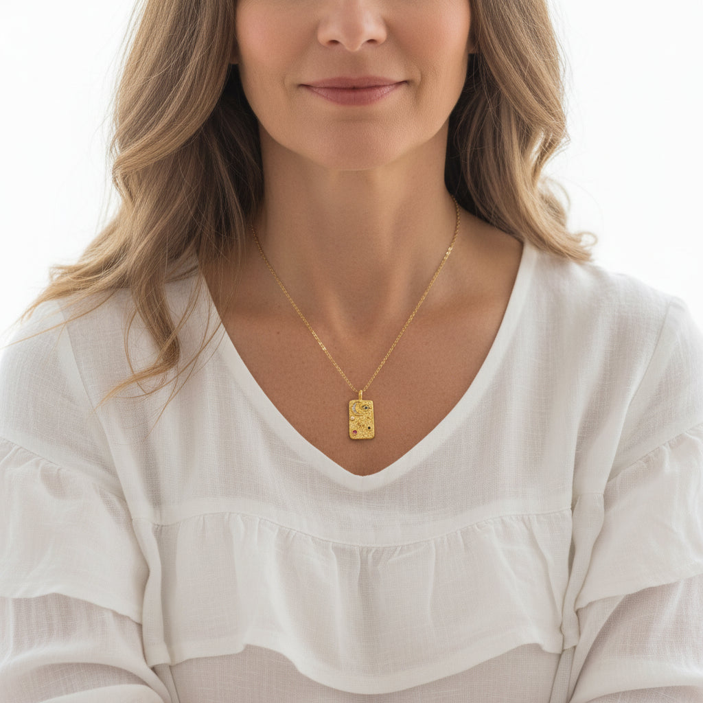 Gold moon, star and eye rectangle pendant necklace — celestial jewelry for guidance