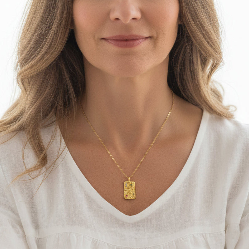 Gold moon, star and eye rectangle pendant necklace — celestial jewelry for guidance