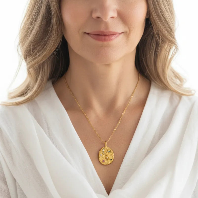 Woman wearing a crescent moon pendant necklace, celestial jewelry