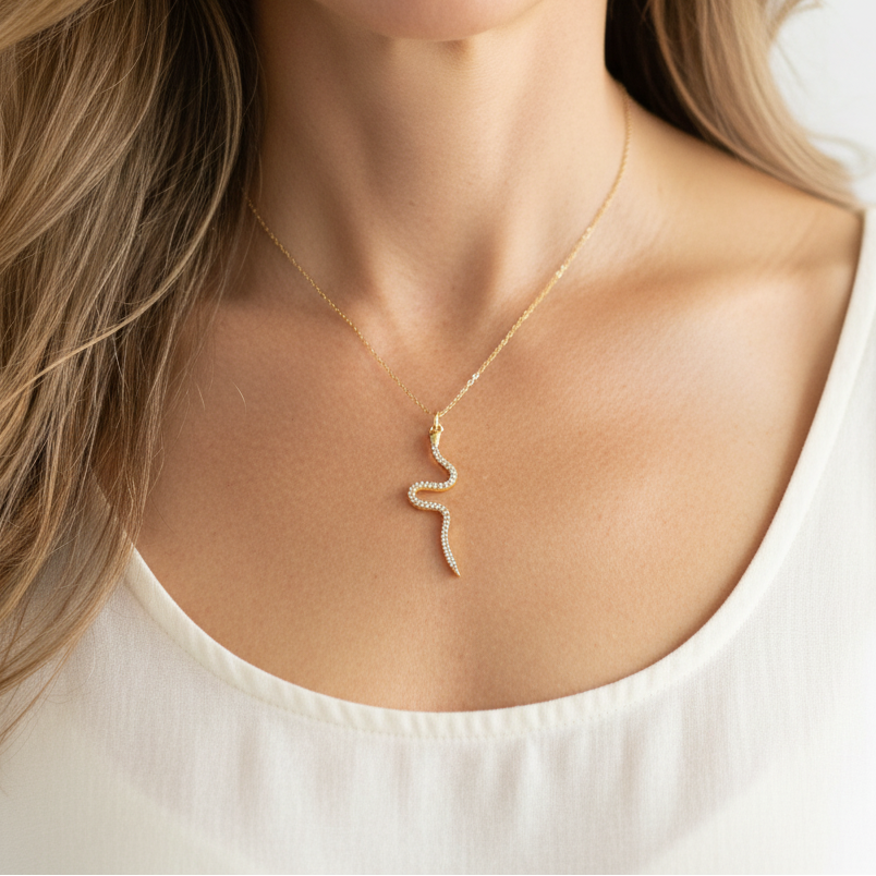 Woman wearing a gold snake pendant necklace — spirit animal jewelry for transformation