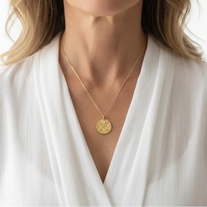 Woman wearing a gold Cupid's arrow necklace