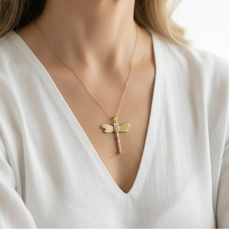 Woman wearing a dragonfly pendant necklace, spirit animal jewelry