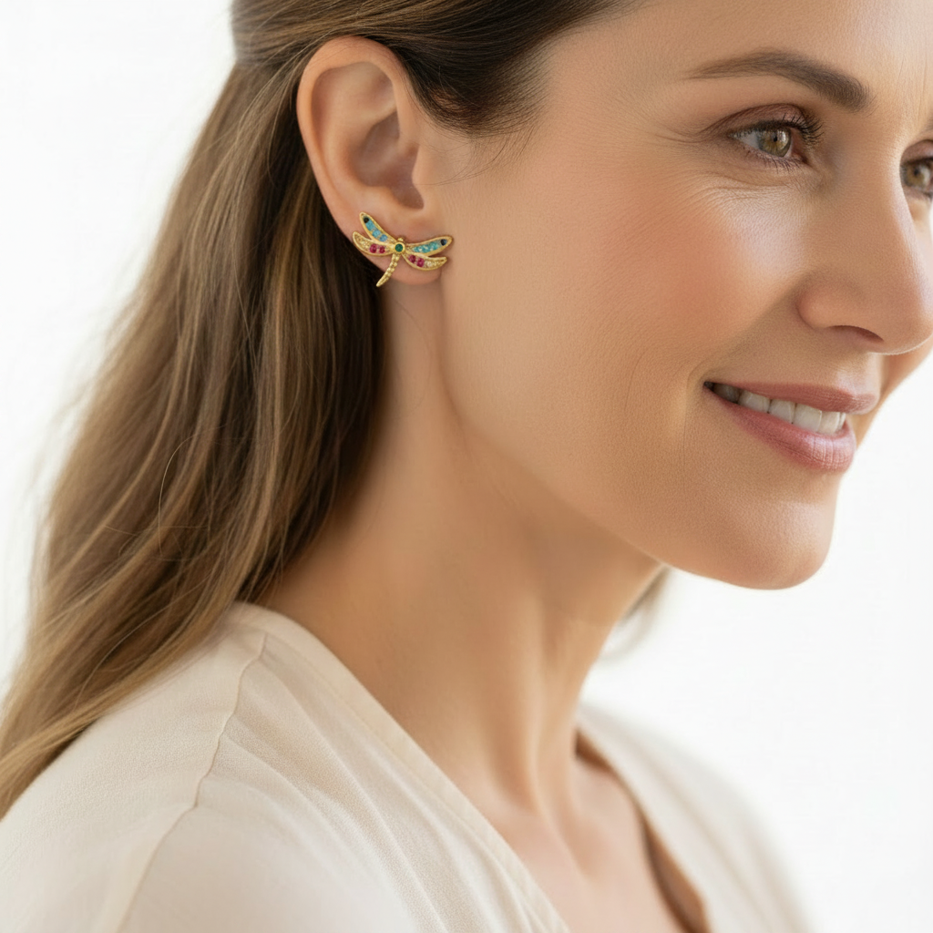 Woman wearing hand-painted dragonfly stud earrings — spirit animal jewelry for transformation