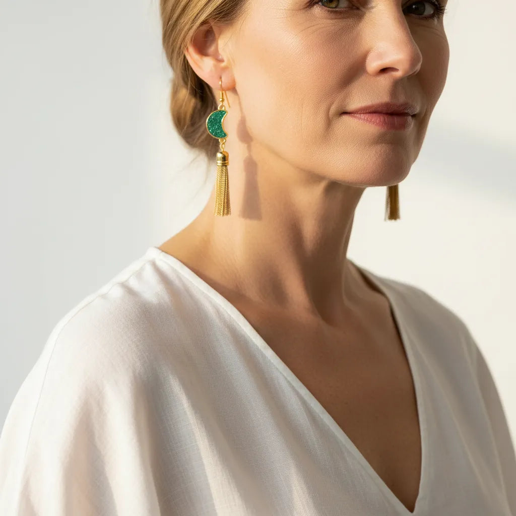 Crescent Druzy Moon Earrings |Gold Tassel Drop, Celestial Statement