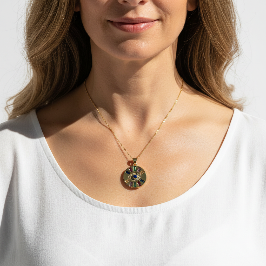 Woman wearing a rainbow crystal evil eye pendant necklace — protection jewelry