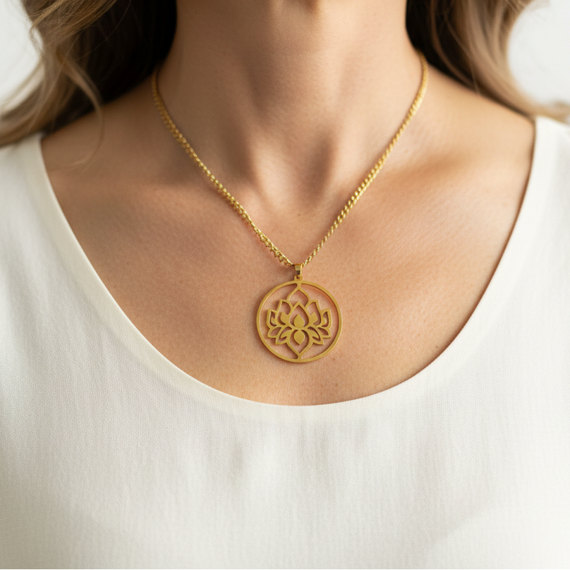 Woman wearing a gold lotus flower medallion necklace — spiritual symbol jewelry for renewal