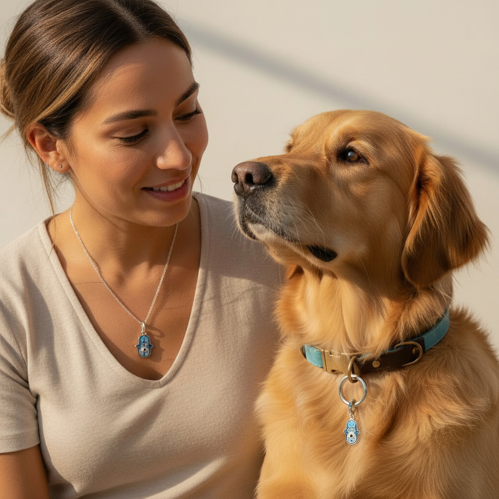 Woman wearing a sterling silver hamsa pendant beside her dog wearing the matching hamsa collar charm