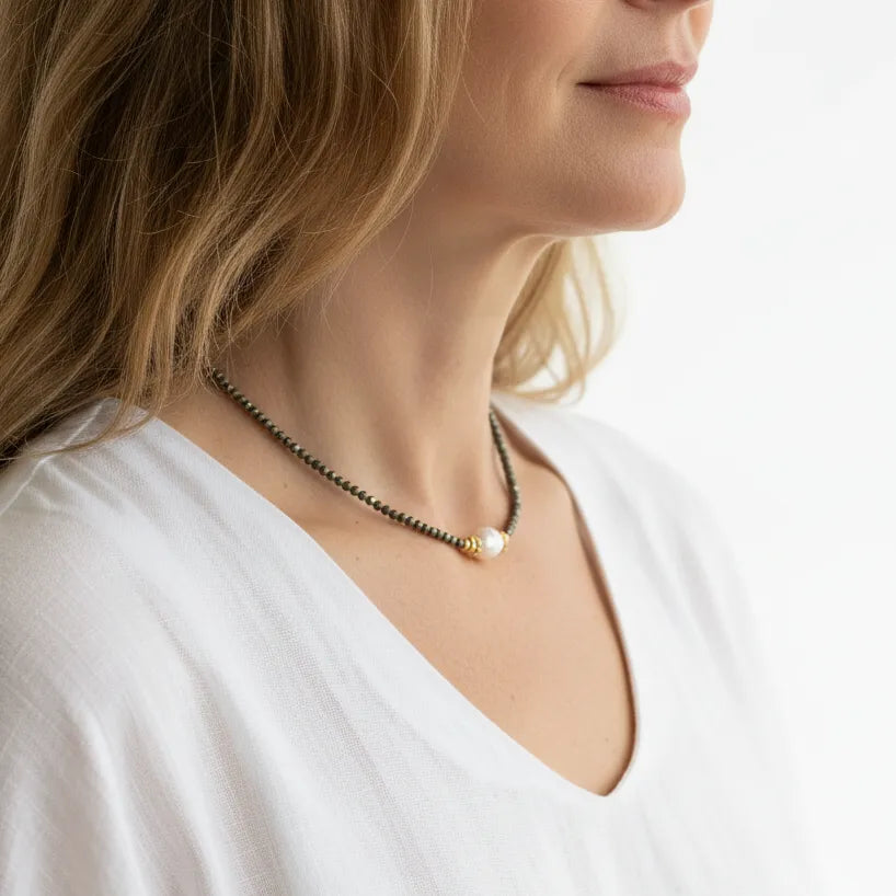 Hematite and natural pearl beaded necklace, root chakra jewelry