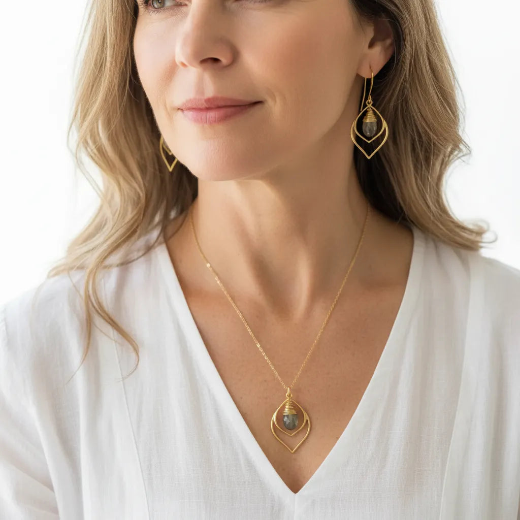 Woman wearing a labradorite teardrop necklace with matching drop earrings in gold