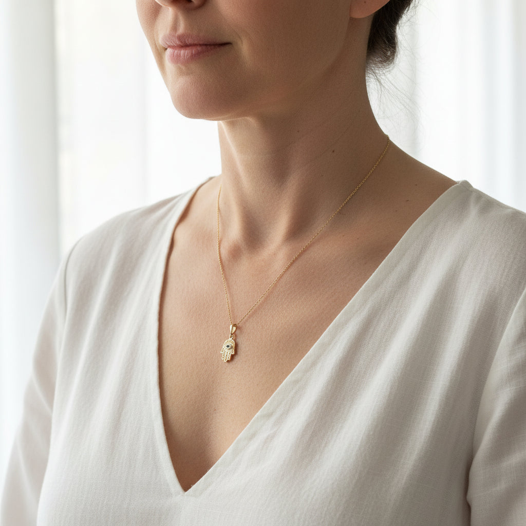 Woman wearing a mini gold hamsa necklace with a crystal eye centre