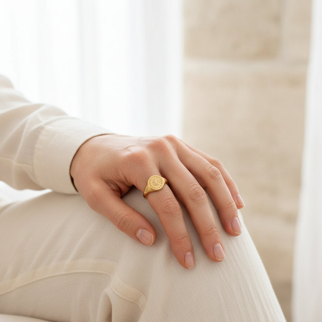 Gold crescent moon ring worn on the hand, lifestyle shot