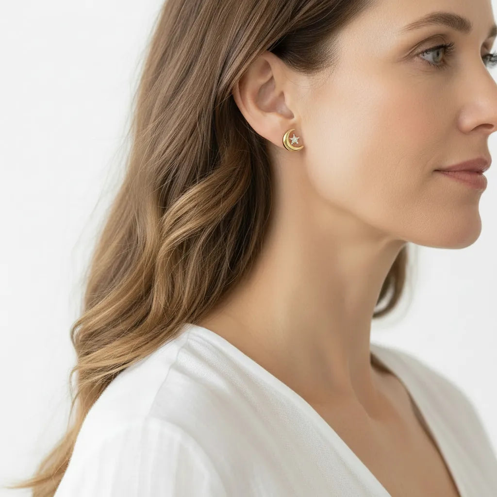 Woman wearing gold moon and star stud earrings, celestial jewelry