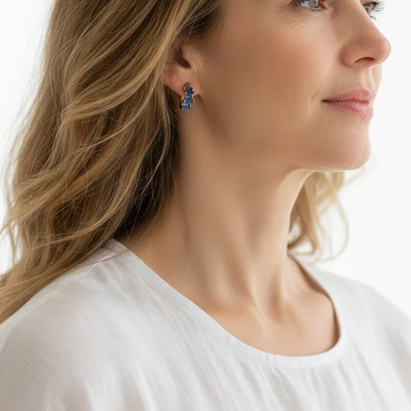 Capri blue multi-colored crystal huggie hoop earrings
