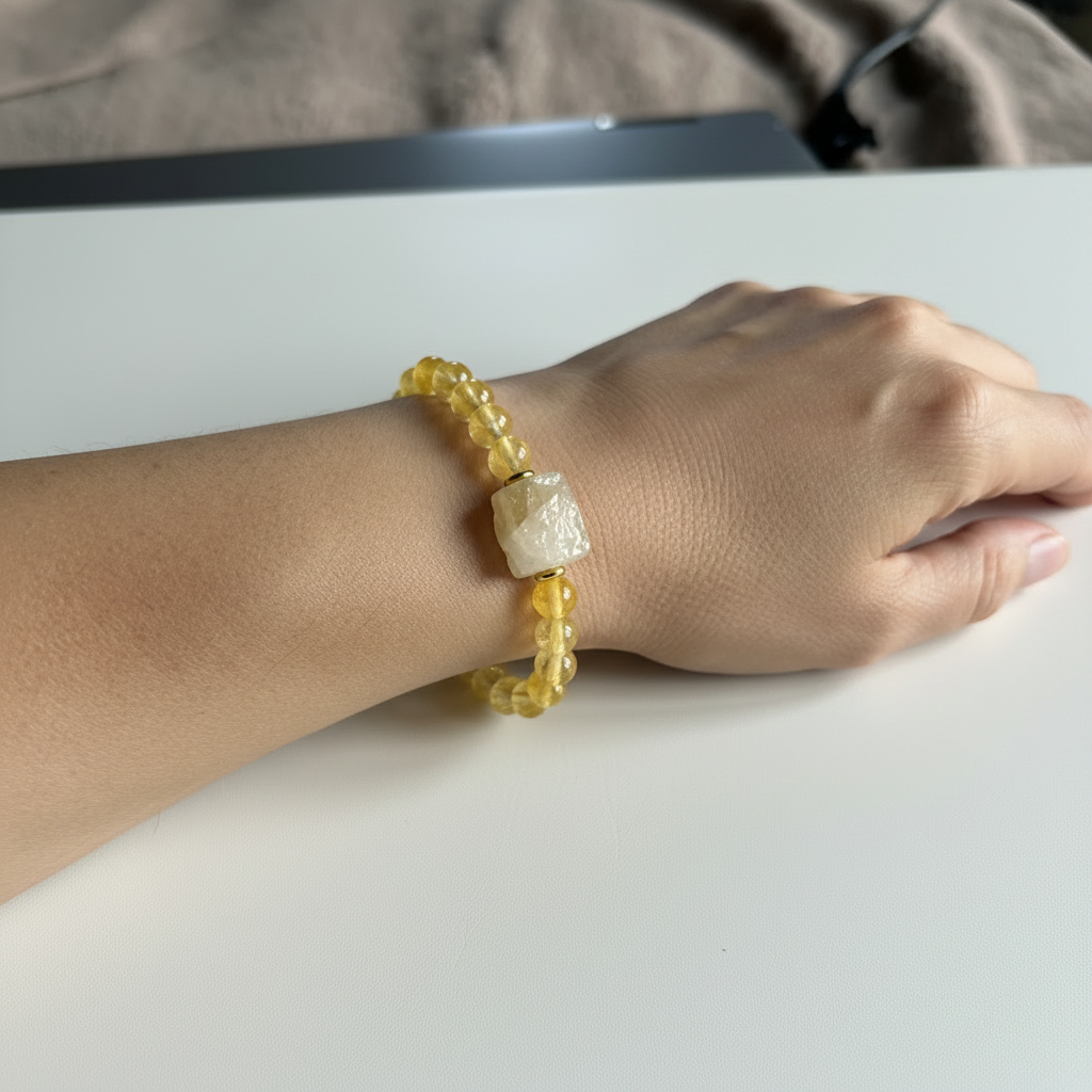 Natural citrine stretch bracelet with a rectangle focal bead — November birthstone jewelry
