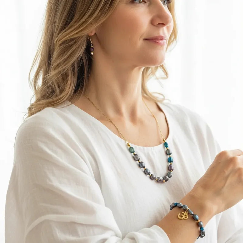 Woman wearing Om and peacock pearl set, one-of-a-kind necklace, bracelet and amethyst earrings