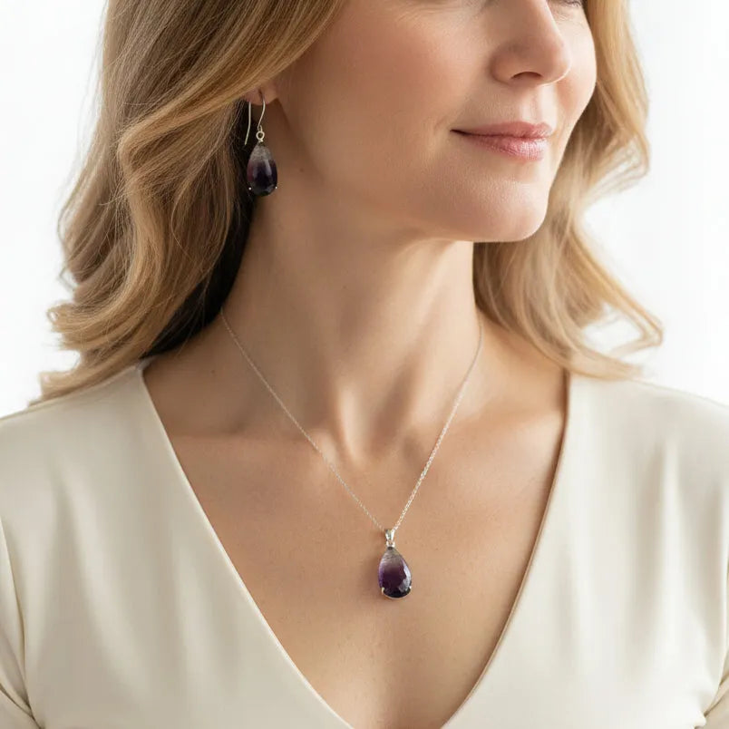 Purple ombré teardrop necklace and earring set — crystal necklace for calm